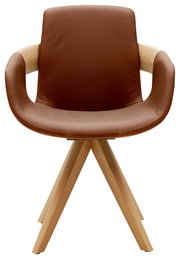 Moderner Sessel mit braunem Lederbezug und Holzbeinen, Frontalansicht