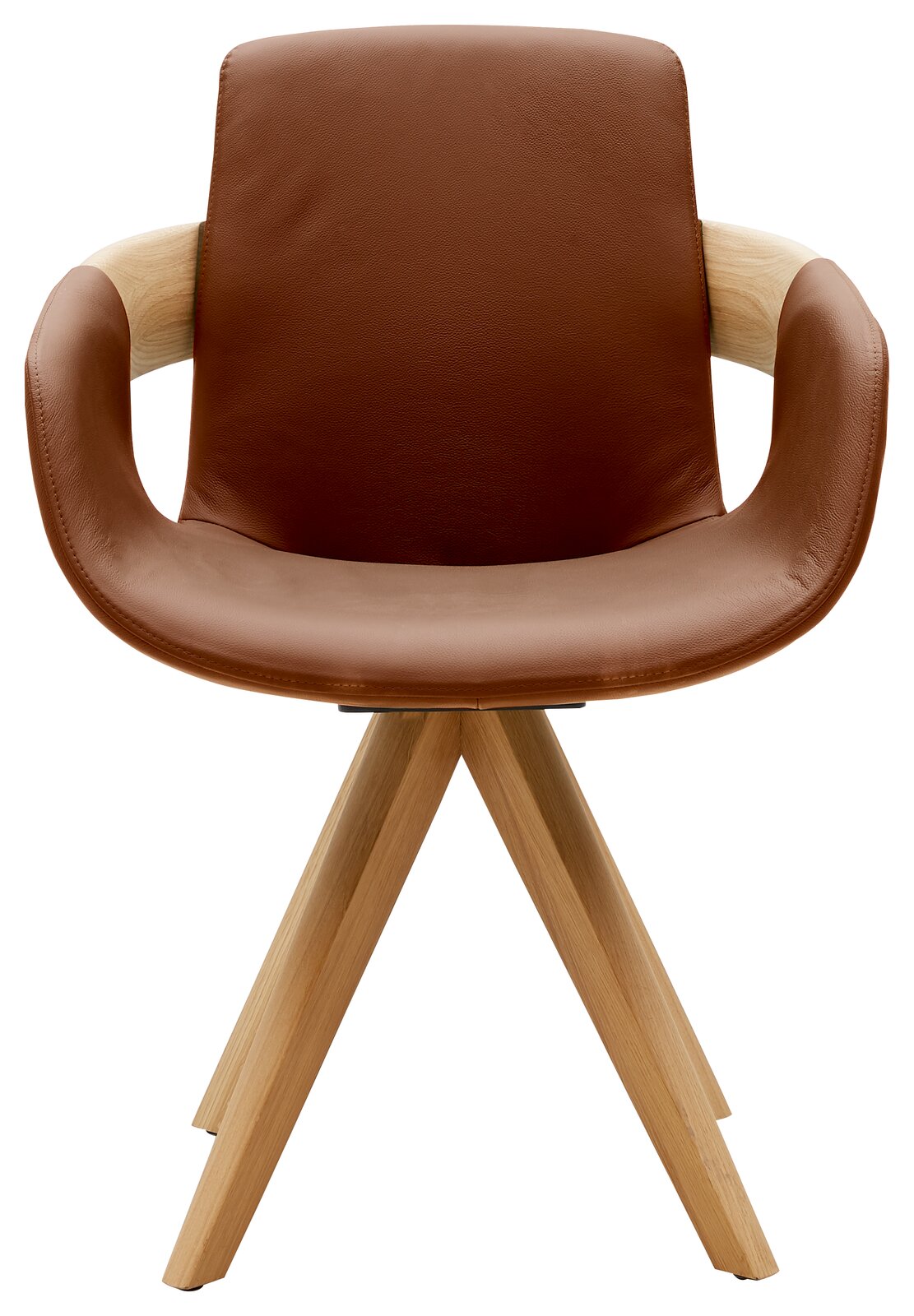 Moderner Sessel mit braunem Lederbezug und Holzbeinen, Frontalansicht