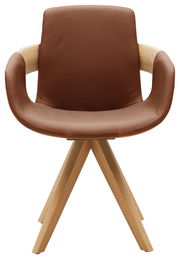 Moderner Sessel mit braunem Lederbezug und Holzbeinen, Frontalansicht