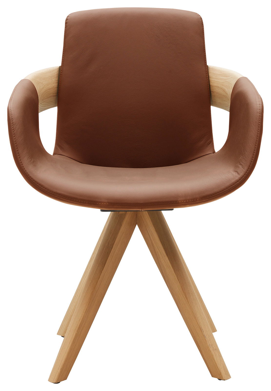 Moderner Sessel mit braunem Lederbezug und Holzbeinen, Frontalansicht