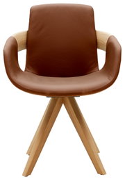 Moderner Sessel mit braunem Lederbezug und Holzbeinen, Frontalansicht