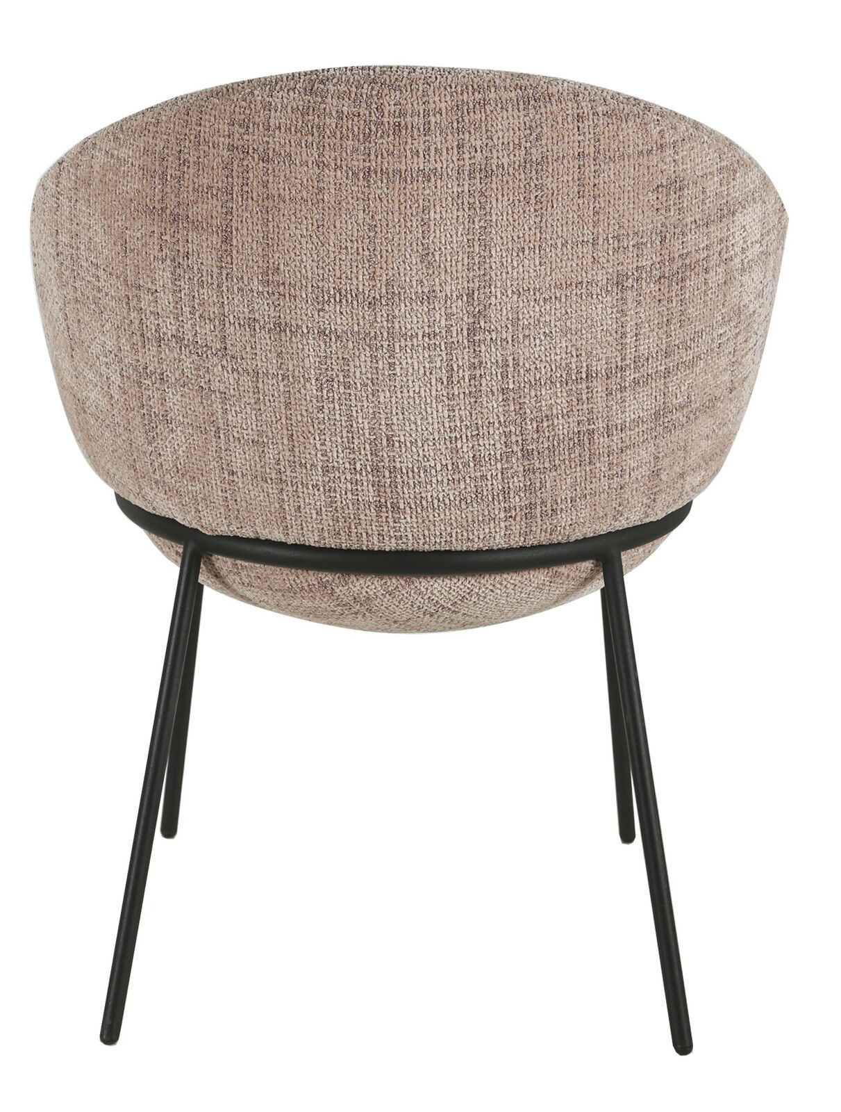 Rückansicht eines modernen Stuhls mit gepolsterter, beige strukturierter Rückenlehne und schwarzen Metallbeinen.