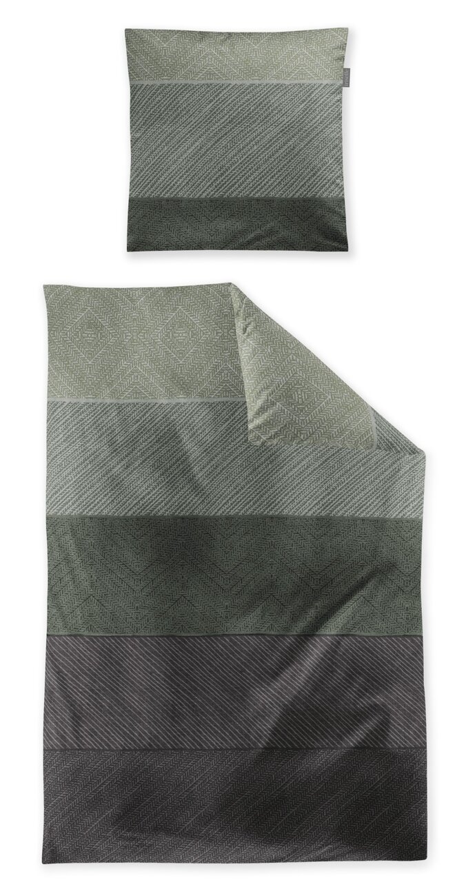 Bettwäsche-Set in verschiedenen Grüntönen mit geometrischem Muster, Draufsicht