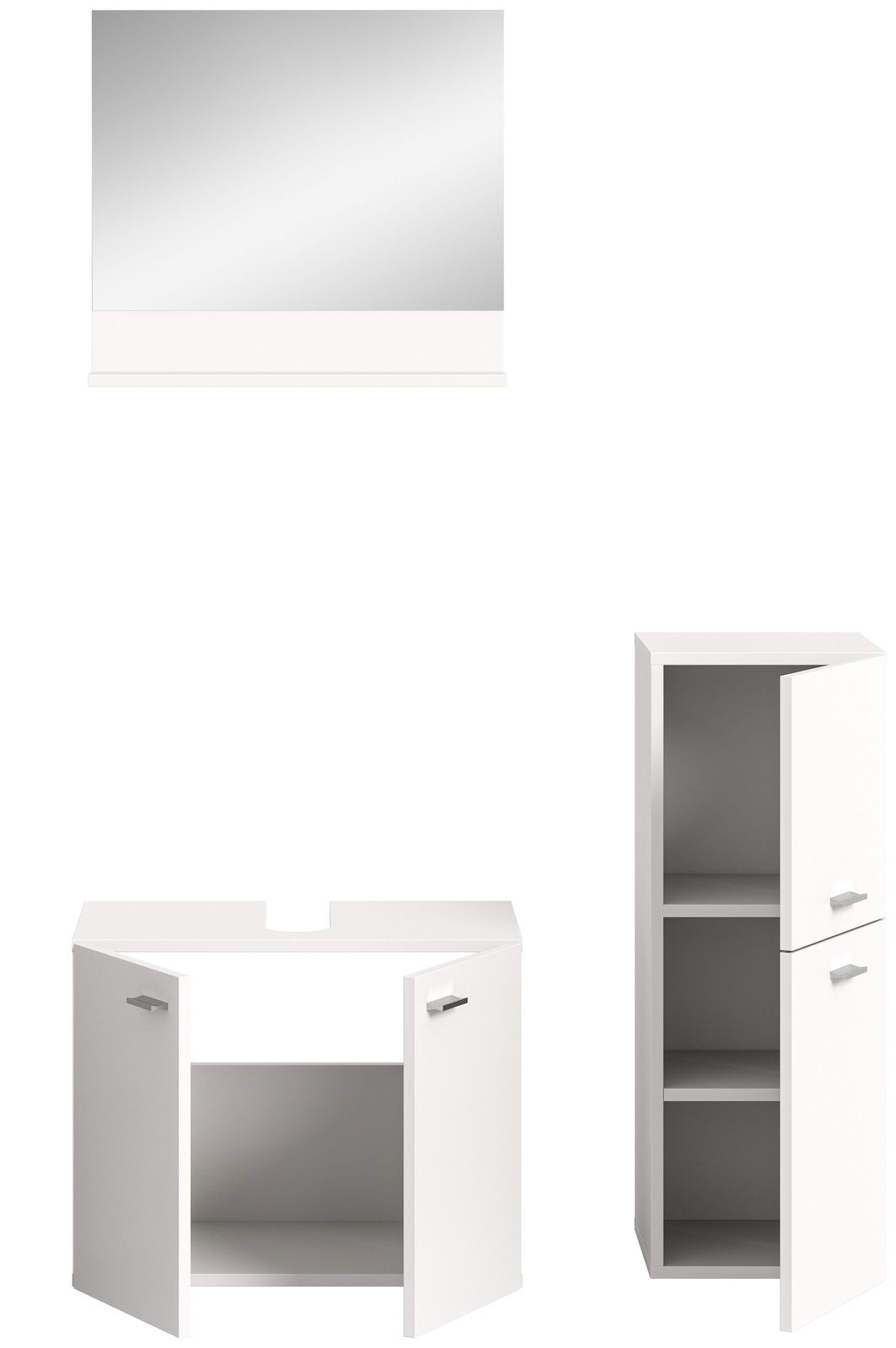 Badkombination BOSTON bestehend aus einem großen Spiegel, einem Waschbeckenunterschrank mit zwei Türen und einem hohen Schrank mit zwei Fächern, frontal betrachtet.