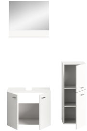 Badkombination BOSTON bestehend aus einem großen Spiegel, einem Waschbeckenunterschrank mit zwei Türen und einem hohen Schrank mit zwei Fächern, frontal betrachtet.