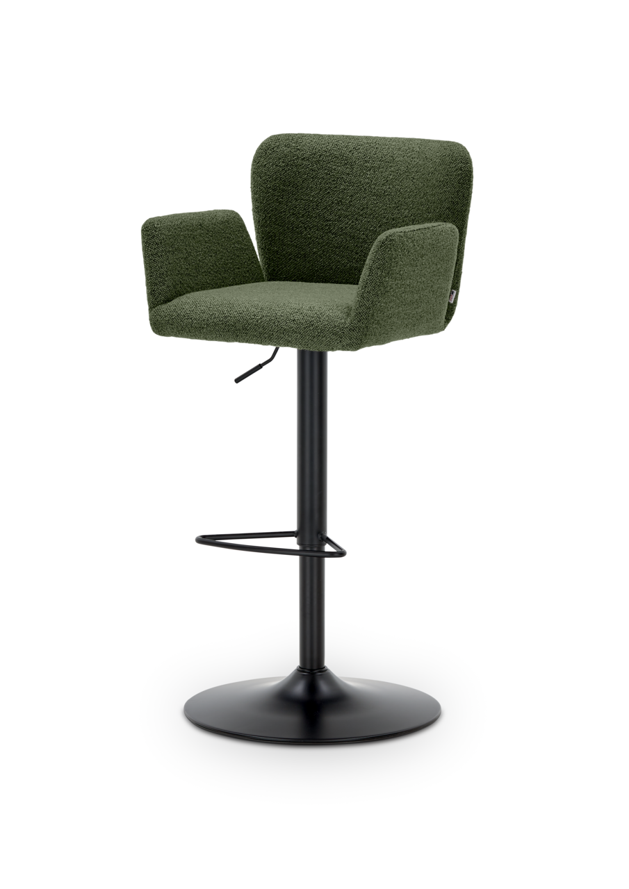 Grüner Barhocker mit Armlehnen und schwarzem Standfuß, seitliche Perspektive