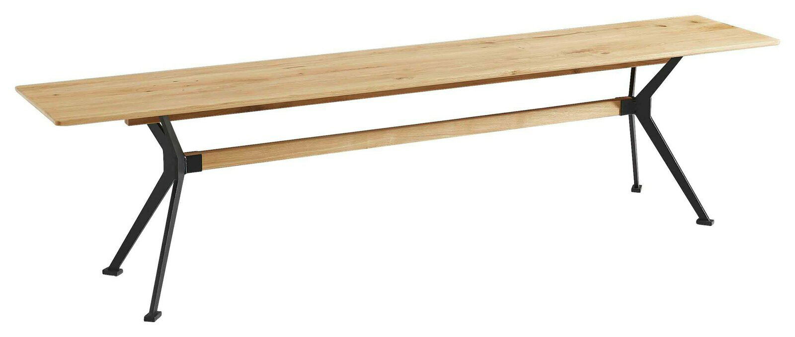 Holz-Sitzbank mit schwarzem Metallgestell, seitliche Perspektive