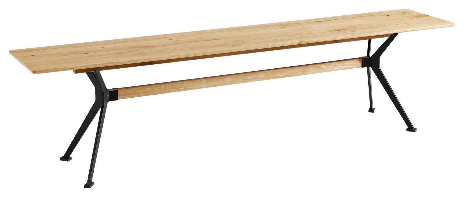 Linea Natura Sitzbank 180 DÜSSELDORF Holz-Sitzbank mit schwarzem Metallgestell, seitliche Perspektive