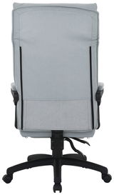 Rückansicht eines grauen Chefsessels mit schwarzem Gestell und Armlehnen.