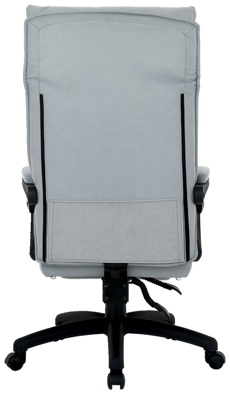 Rückansicht eines grauen Chefsessels mit schwarzem Gestell und Armlehnen.