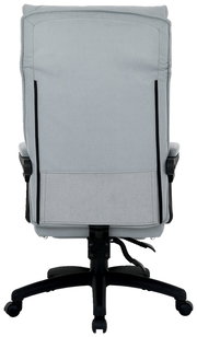 Rückansicht eines grauen Chefsessels mit schwarzem Gestell und Armlehnen.