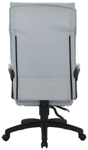 Rückansicht eines grauen Chefsessels mit schwarzem Gestell und Armlehnen.