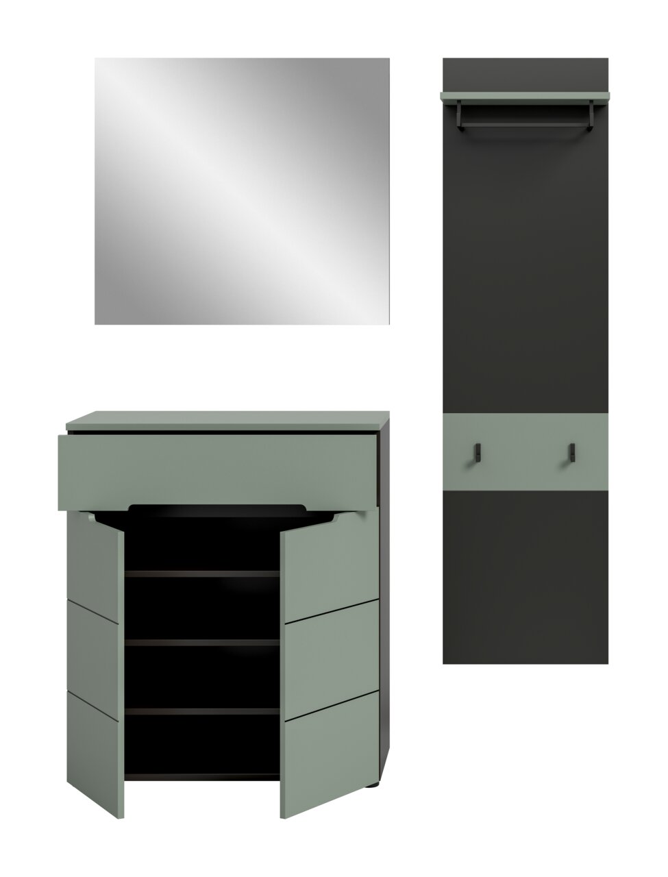 Modernes Badmöbel-Set mit Spiegel und Hochschrank in Schwarz und Salbeigrün, Unterschrank mit geöffneten Türen und Regalböden, Ansicht von vorn (Spiegel frontal, Unterschrank leicht schräg von vorn, Hochschrank frontal)