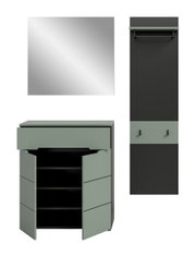 Modernes Badmöbel-Set mit Spiegel und Hochschrank in Schwarz und Salbeigrün, Unterschrank mit geöffneten Türen und Regalböden, Ansicht von vorn (Spiegel frontal, Unterschrank leicht schräg von vorn, Hochschrank frontal)