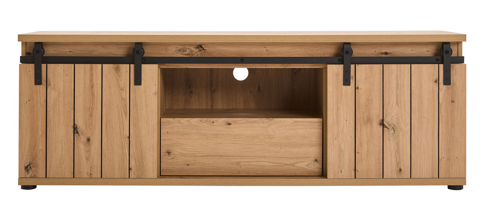 Frontale Ansicht eines Lowboards aus Holz mit Schiebetüren und schwarzem Metallbeschlag.