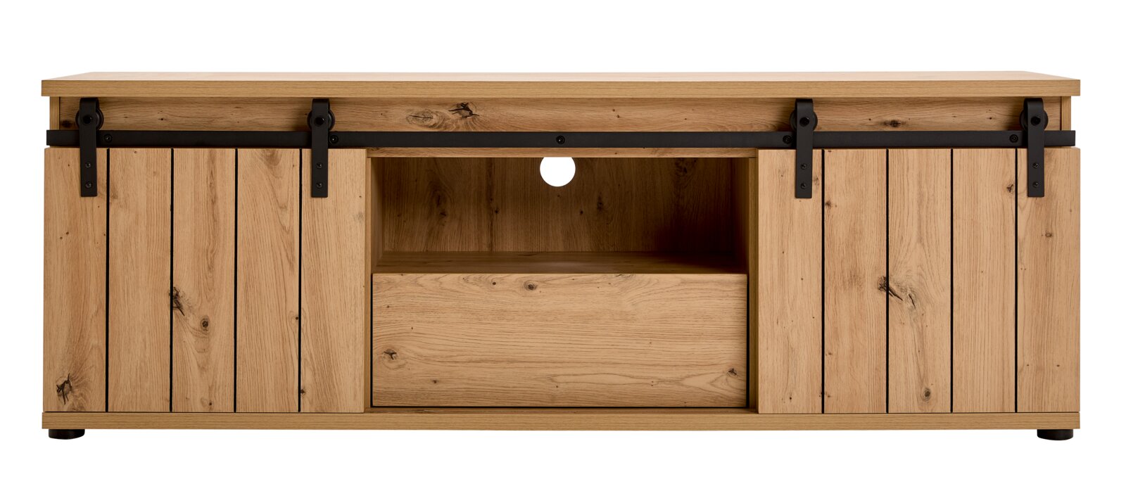 Frontale Ansicht eines Lowboards aus Holz mit Schiebetüren und schwarzem Metallbeschlag.