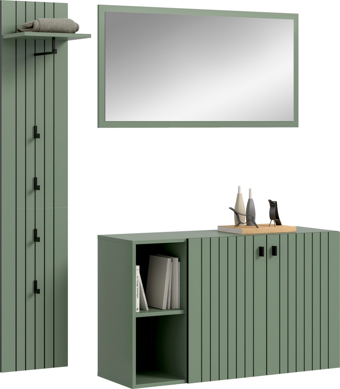 MID.YOU Garderobenkombination STATION Modernes, grün lackiertes Badezimmermöbel-Set mit hohem Schrank, Waschtischunterschrank mit offenen Regalfächern und Türen, sowie großem Wandspiegel; Frontansicht leicht schräg von rechts.