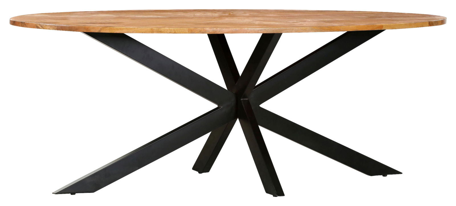 Runder Esstisch mit Holzplatte und schwarzem Metallgestell, seitliche Perspektive