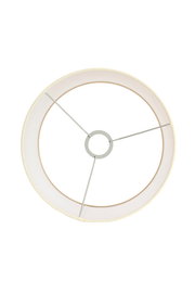 Ansicht von oben auf einen runden, weißen Lampenschirm mit Metallstreben.