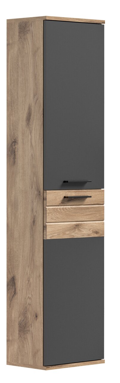MID.YOU Hochschrank MASON Hochschrank in Holzoptik mit grauen Türen, seitliche Perspektive