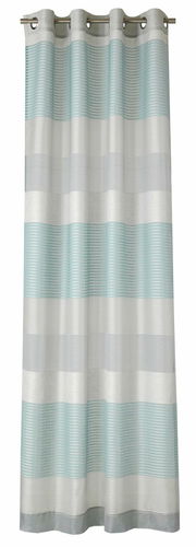 Ösenvorhang mit horizontalen Streifen in Grau und Blau, frontal betrachtet