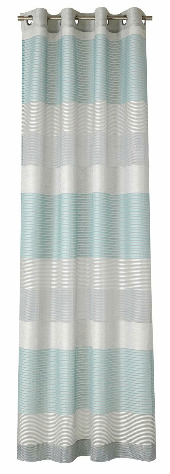 Ösenvorhang mit horizontalen Streifen in Grau und Blau, frontal betrachtet