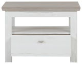 Frontale Ansicht eines Beistelltisches mit weißem Korpus und einer Schublade, sowie einer Ablagefläche in Holzoptik.