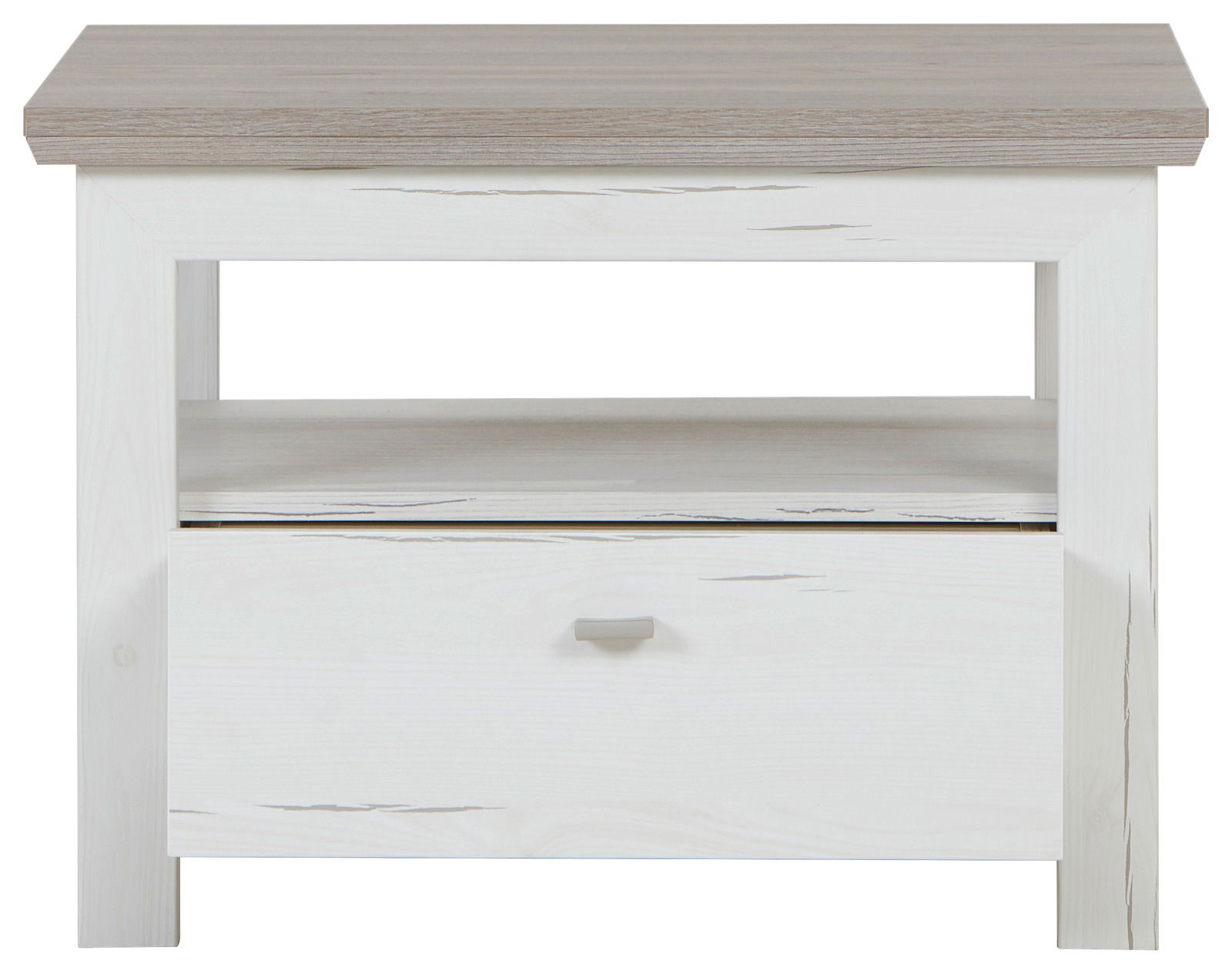Frontale Ansicht eines Beistelltisches mit weißem Korpus und einer Schublade, sowie einer Ablagefläche in Holzoptik.