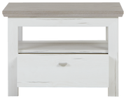 Frontale Ansicht eines Beistelltisches mit weißem Korpus und einer Schublade, sowie einer Ablagefläche in Holzoptik.