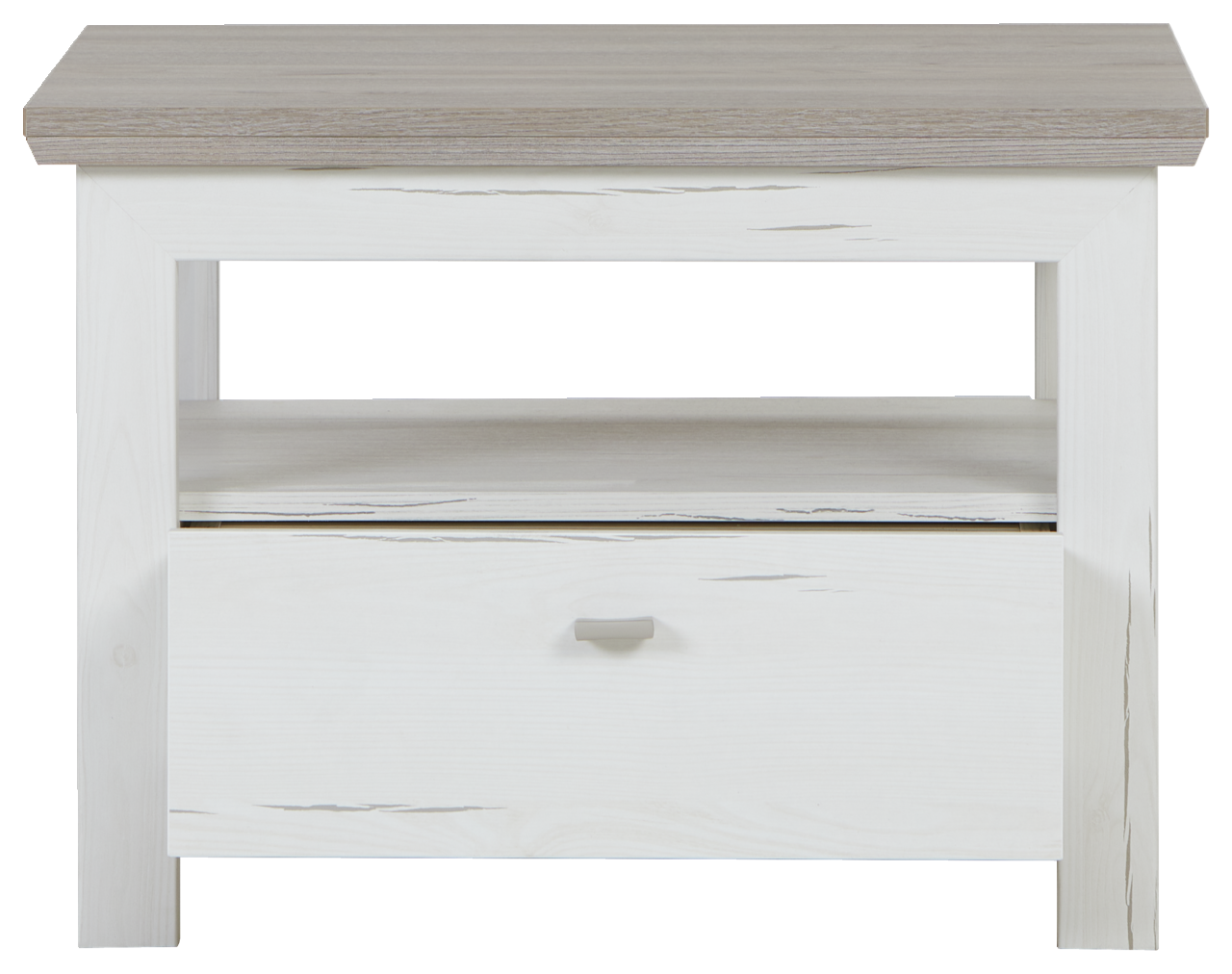 Frontale Ansicht eines Beistelltisches mit weißem Korpus und einer Schublade, sowie einer Ablagefläche in Holzoptik.
