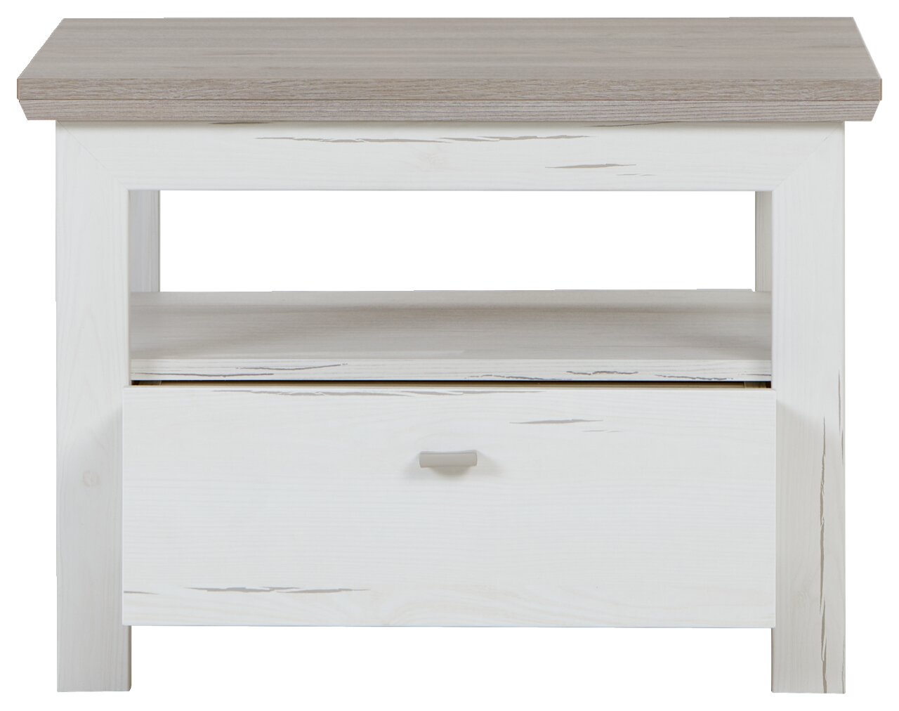 Frontale Ansicht eines Beistelltisches mit weißem Korpus und einer Schublade, sowie einer Ablagefläche in Holzoptik.