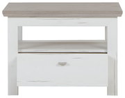 Frontale Ansicht eines Beistelltisches mit weißem Korpus und einer Schublade, sowie einer Ablagefläche in Holzoptik.