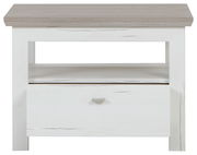 Frontale Ansicht eines Beistelltisches mit weißem Korpus und einer Schublade, sowie einer Ablagefläche in Holzoptik.