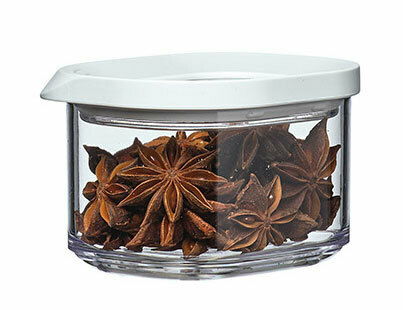 Vorratsdose Modula Mini 175 ml mit weißem Deckel, gefüllt mit Sternanis, seitliche Perspektive