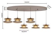 Vooraanzicht van een moderne zeslichts hanglamp met ovale plafondplaat en amberkleurige glazen kappen, inclusief maatvoering van 1050 × 320 × 50 mm, 1500 mm hoogte en kappen van Ø 220 mm.