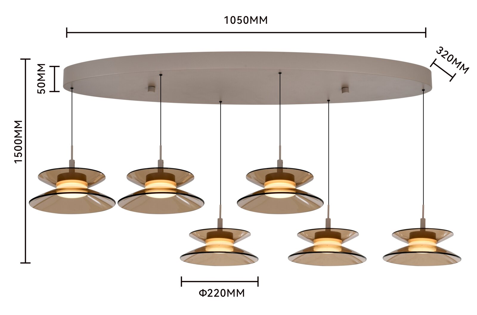 Vooraanzicht van een moderne zeslichts hanglamp met ovale plafondplaat en amberkleurige glazen kappen, inclusief maatvoering van 1050 × 320 × 50 mm, 1500 mm hoogte en kappen van Ø 220 mm.