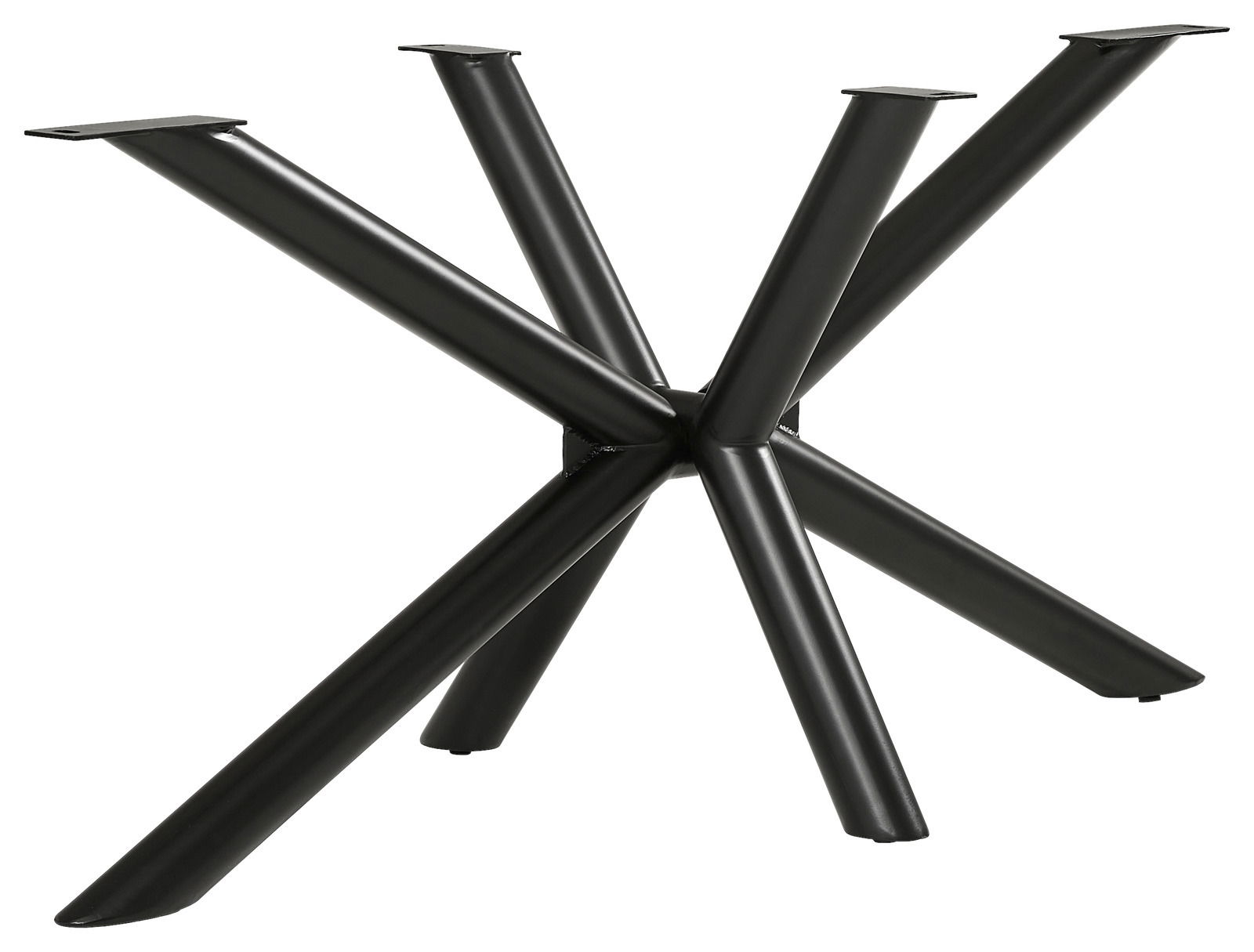 Schwarzes, modernes Tischgestell aus Metall mit mehreren schräg angeordneten Beinen, seitliche Perspektive.