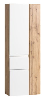Hochschrank mit weißer Front und Holzoptik, seitliche Perspektive