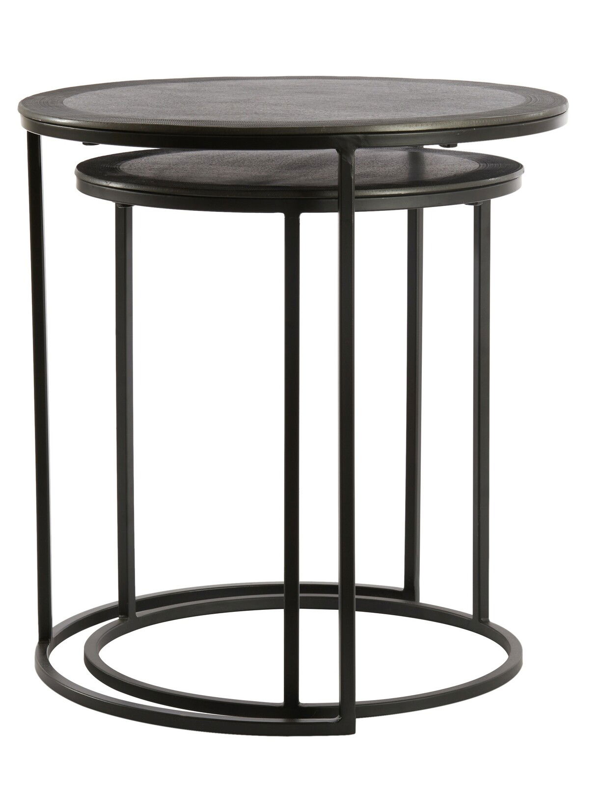 Moderner Beistelltisch aus Metall mit zwei runden Tischplatten, seitliche Perspektive