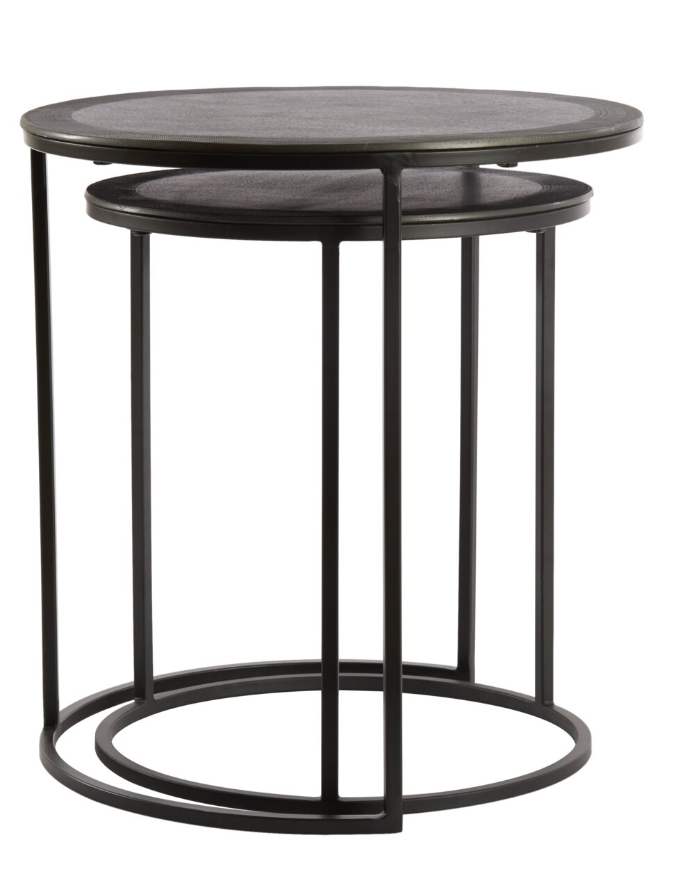 Moderner Beistelltisch aus Metall mit zwei runden Tischplatten, seitliche Perspektive