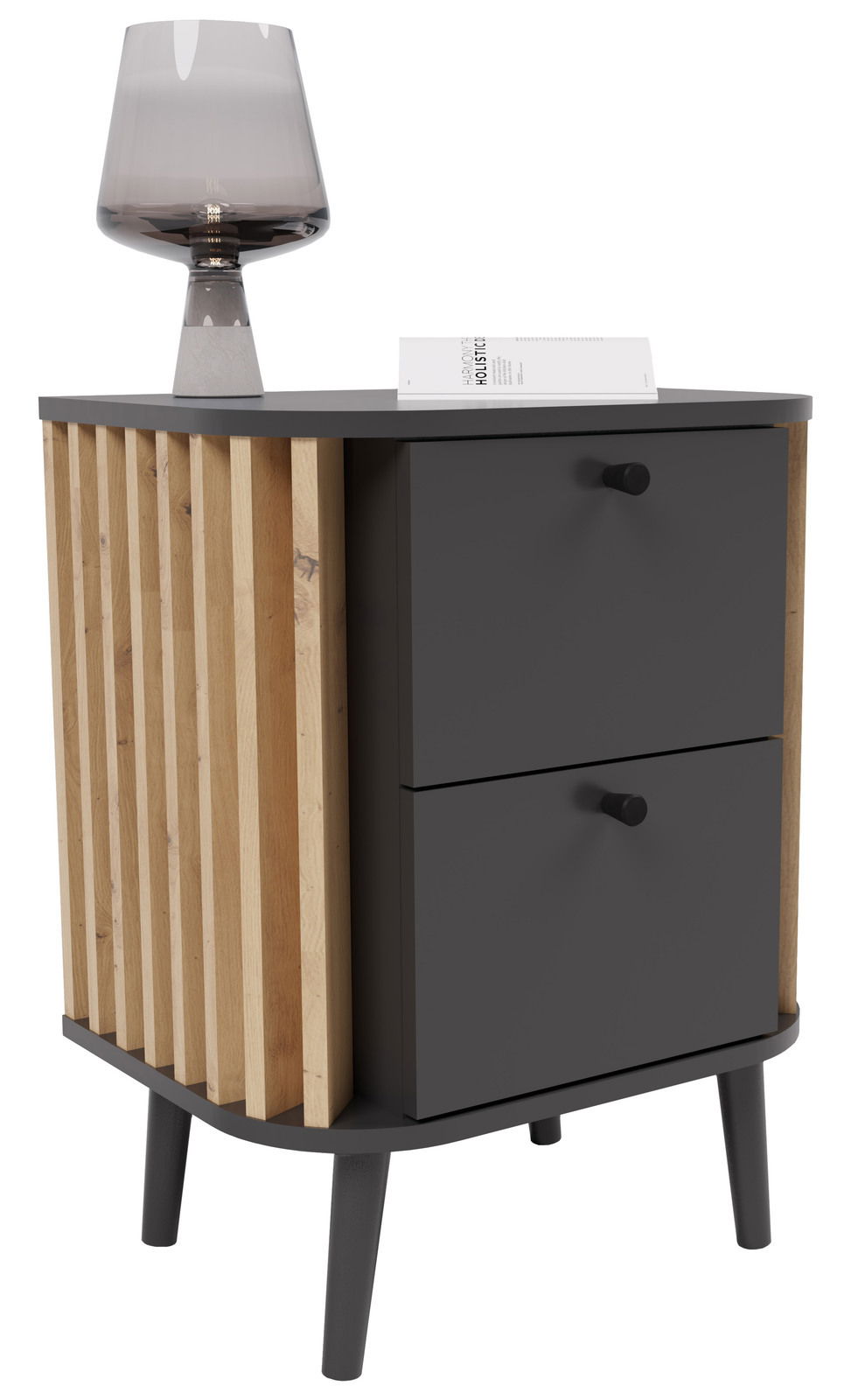 Moderne Nachtkommode mit zwei Schubladen, grauer Oberfläche und Holzlamellen an der Seite, mit einer Lampe und einem Buch darauf, aus seitlicher Perspektive.