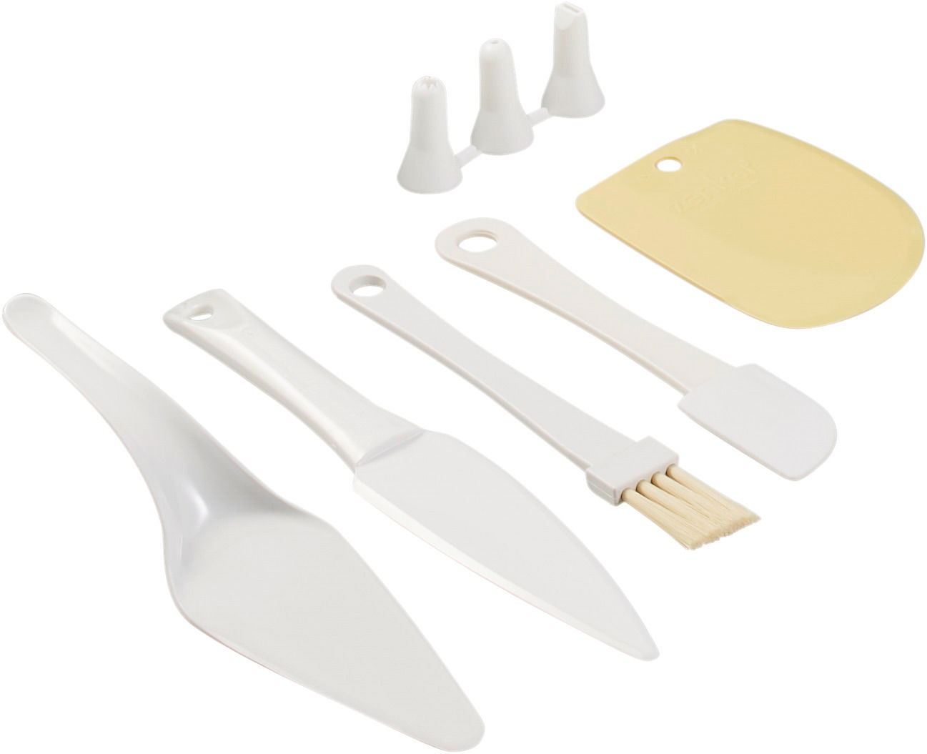 Backformen-Set 9-tlg. mit verschiedenen Backutensilien, darunter Teigschaber, Pinsel und Spritztüllen, aus der Vogelperspektive fotografiert.