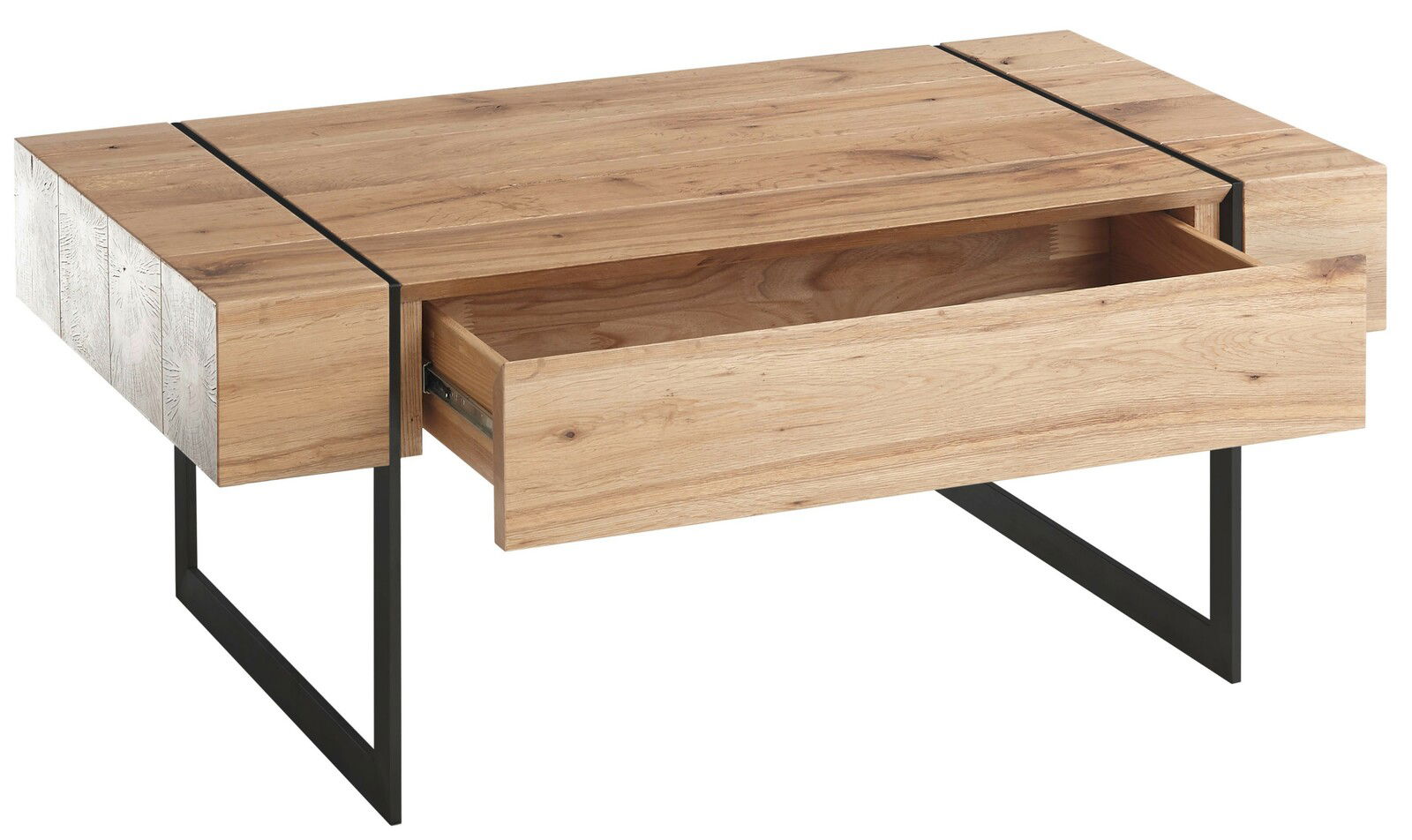 Moderner Couchtisch aus Holz mit schwarzem Metallgestell und offener Schublade, seitliche Perspektive