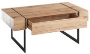 Moderner Couchtisch aus Holz mit schwarzem Metallgestell und offener Schublade, seitliche Perspektive