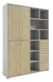 Hoher Aktenschrank mit Holztüren und offenen Regalfächern, seitliche Perspektive