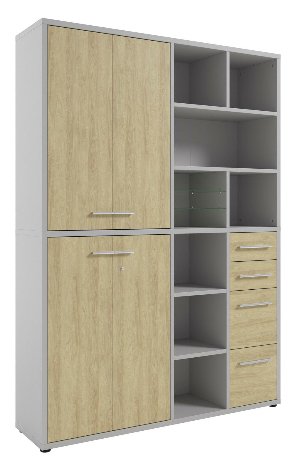 Hoher Aktenschrank mit Holztüren und offenen Regalfächern, seitliche Perspektive