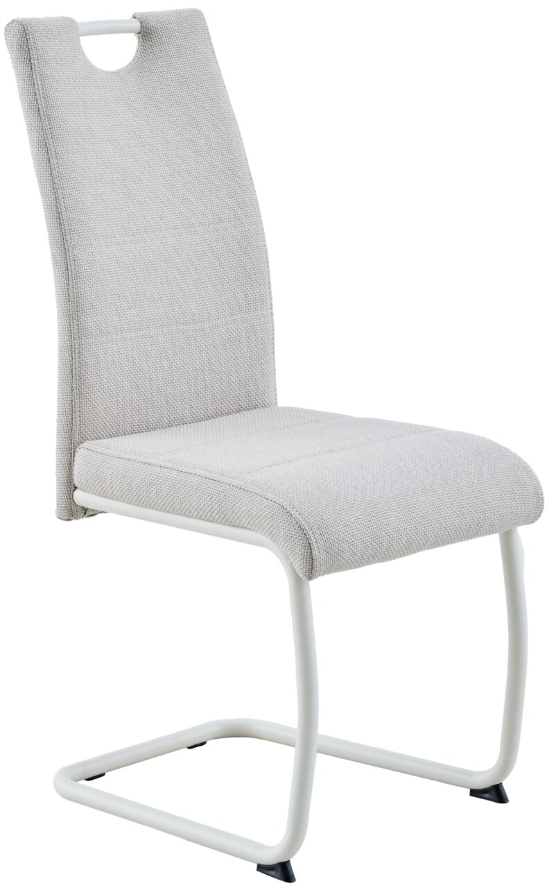 Hellgrauer Polster-Schwingstuhl mit Stoffbezug und weißem Metallgestell, freigestellt auf weißem Hintergrund, in schräger Vorderansicht (3/4-Perspektive) von links.