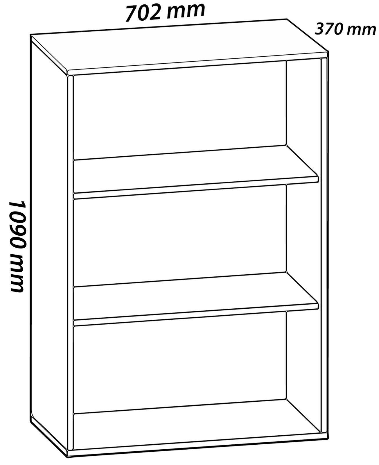 Technische Strichzeichnung eines offenen Regals/Schranks mit drei Ablagefächern, Maße ca. 702 mm Breite, 370 mm Tiefe und 1790 mm Höhe, dargestellt in schräger Frontansicht (Perspektive von vorne links).