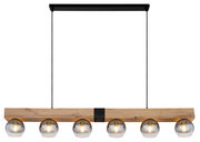 Moderne Hängeleuchte mit sechs kugelförmigen Glühbirnen, Holzleiste und schwarzer Aufhängung, Frontalansicht