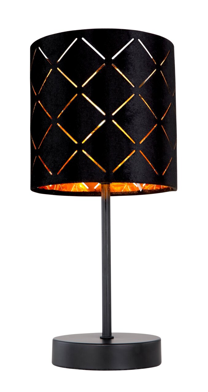 Moderne Tischleuchte mit schwarzem, durchbrochenem Lampenschirm und warmem Licht, seitliche Perspektive